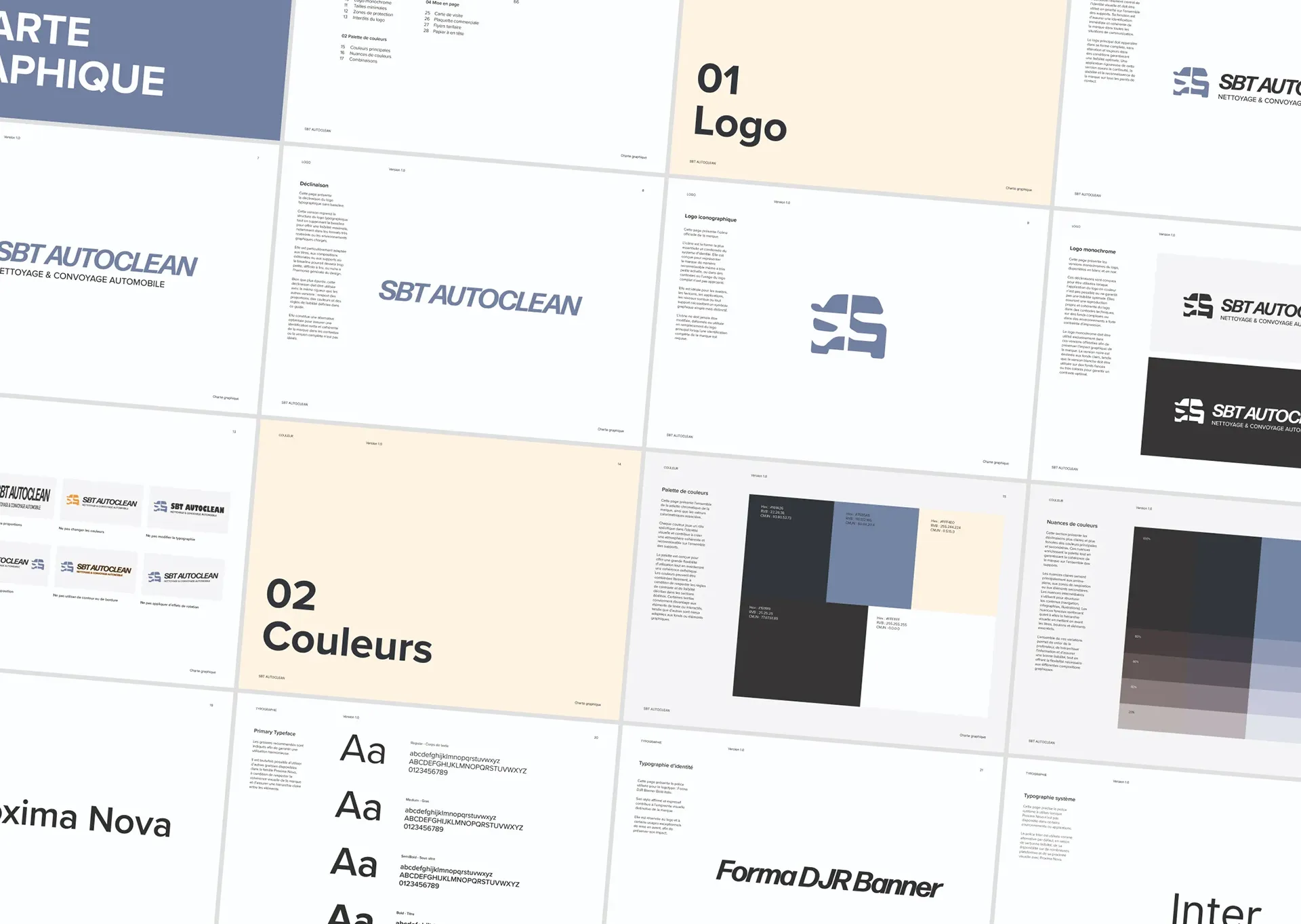Charte graphique SBT Autoclean avec logo, palette de couleurs et éléments d’identité visuelle